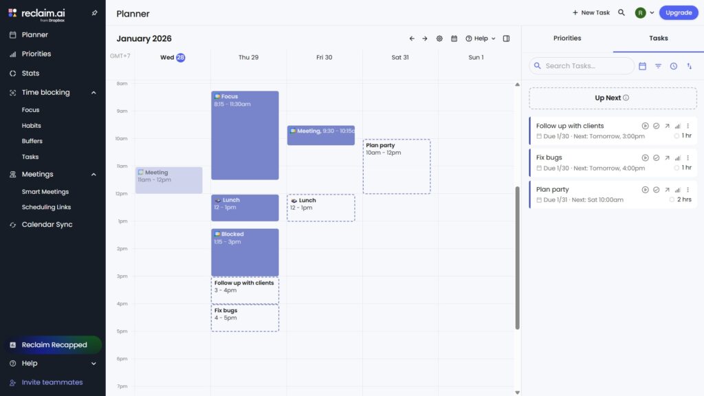 Reclaim AI Calendar showing views on the left side and a calendar view in the middle
