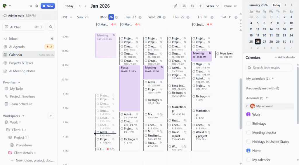 Motion AI Calendar showing projects and views on the left, a busy calendar in the middle, and a list of calendars on the right
