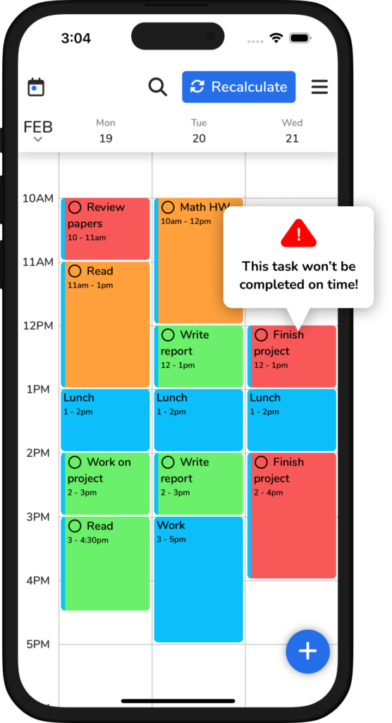 Color-coded calendar with a warning saying "This task won't be completed on time!"