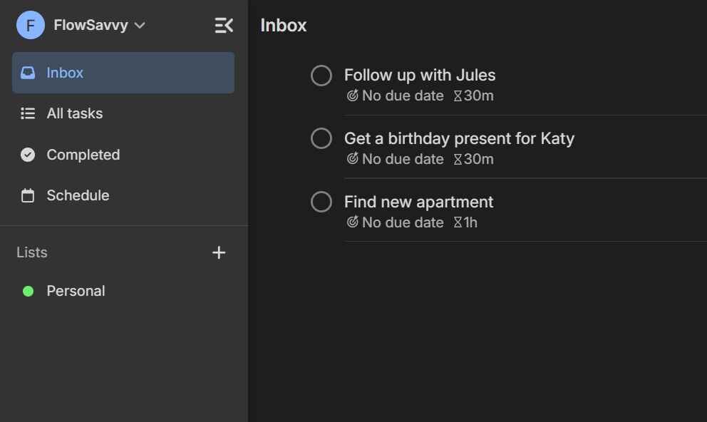 The FlowSavvy inbox, showing a few tasks quickly captured for later processing