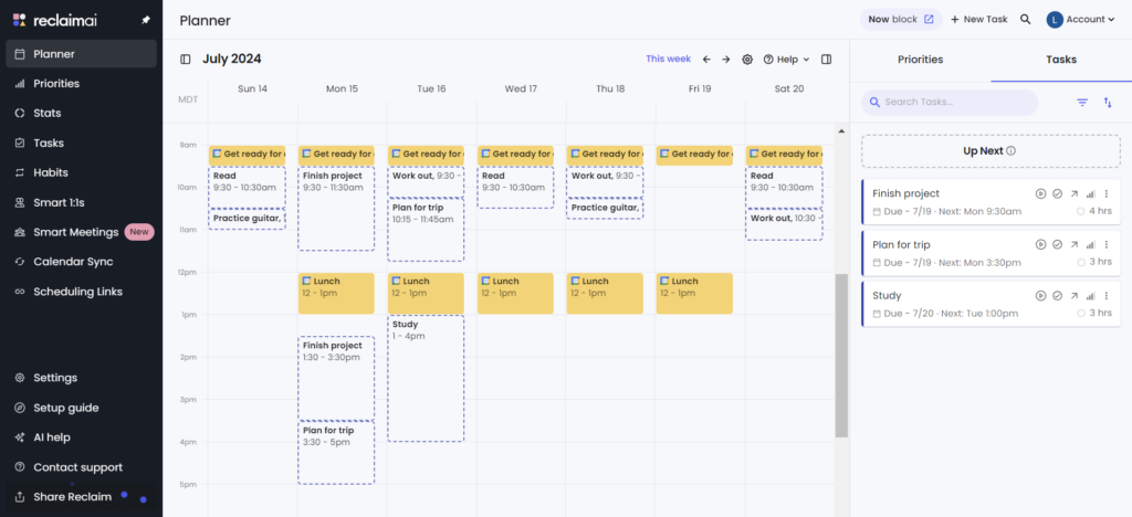 Reclaim UI showcasing the best AI calendar for teams.