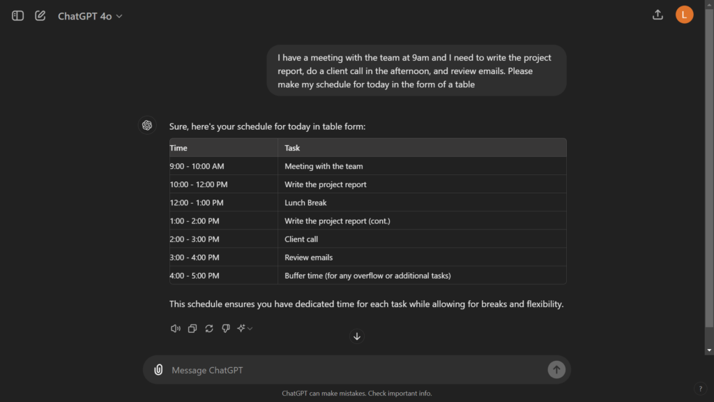 ChatGPT's UI demonstrating how ChatGPT can be used to create a basic schedule