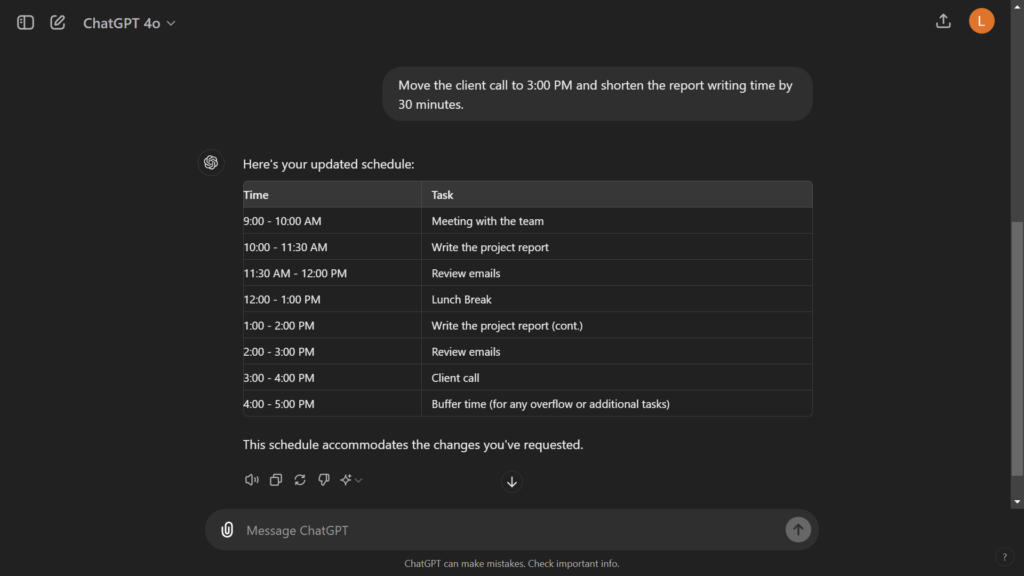 ChatGPT's UI demonstrating how ChatGPT can update a schedule based on input