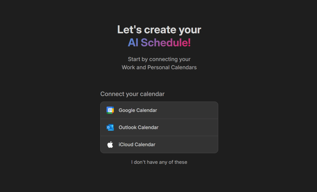 Onboarding screen of FlowSavvy showing options to connect Google Calendar, Outlook Calendar, and iCloud Calendar.