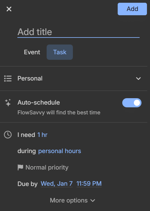 Settings for adding a task, including title, auto-schedule, duration, scheduling hours, priority, and due date.