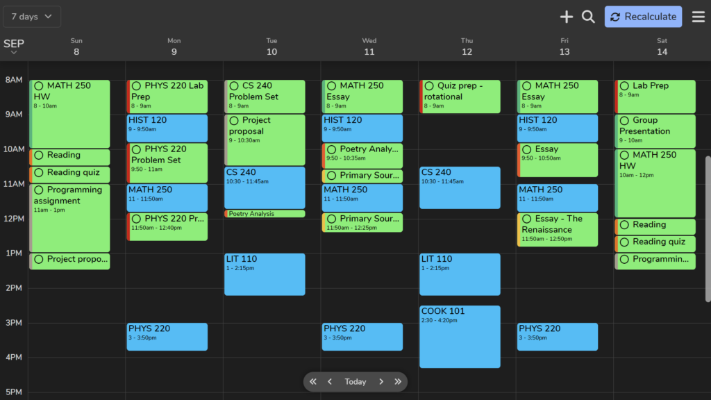 FlowSavvy's UI showing an optimized schedule, demonstrating why it is the best automatic time block planner for school