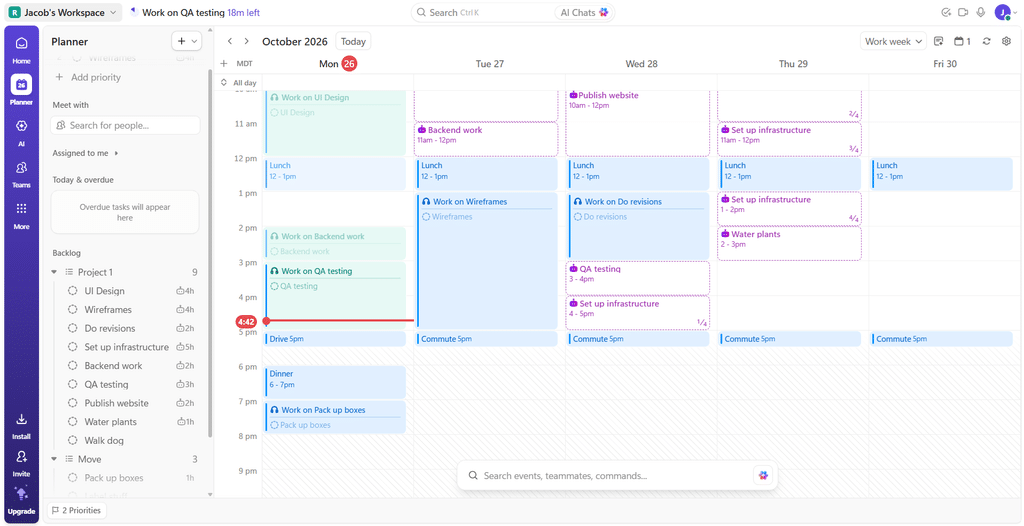 ClickUp planner with a task backlog on the left and scheduled work sessions on the calendar