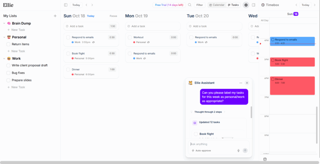 Ellie with task lists, a day-by-day board, and a one-day calendar timebox in one view