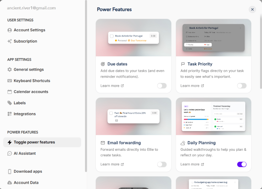 Ellie settings page showing toggleable power features like due dates, task priority, and daily planning