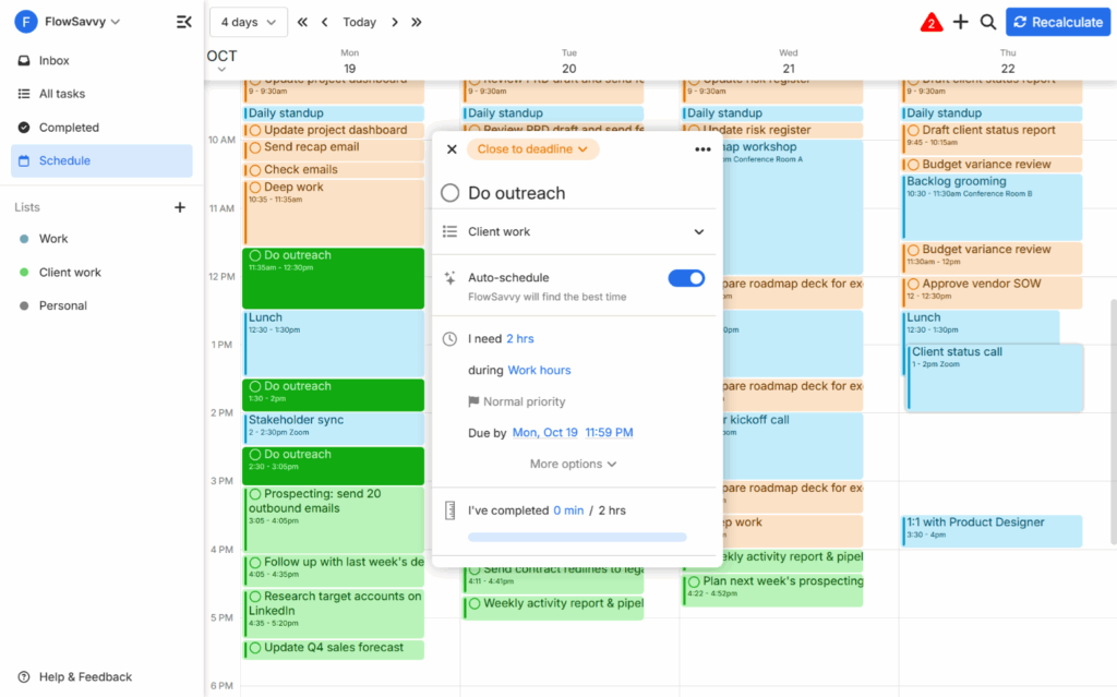 FlowSavvy four-day calendar with tasks auto-scheduled around meetings and a task panel showing duration and due date
