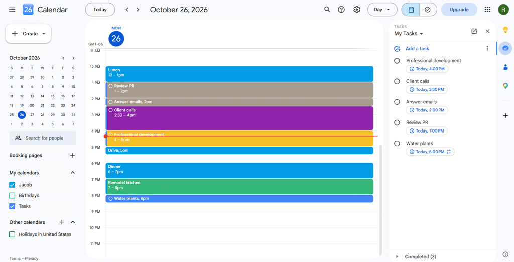 Google Calendar day view with scheduled tasks and the Google Tasks sidebar