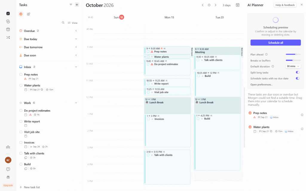 Morgen calendar with the AI Planner scheduling preview next to a task list