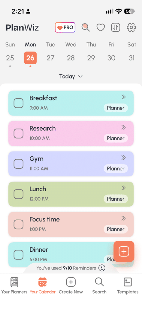 PlanWiz calendar view listing the day's tasks exported from the planner