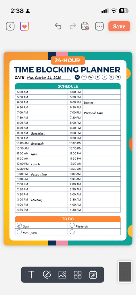 PlanWiz time blocking planner template with a 24-hour schedule and to-do list