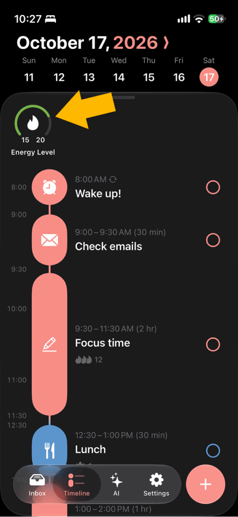 Structured iOS timeline with the Energy Level meter highlighted at the top