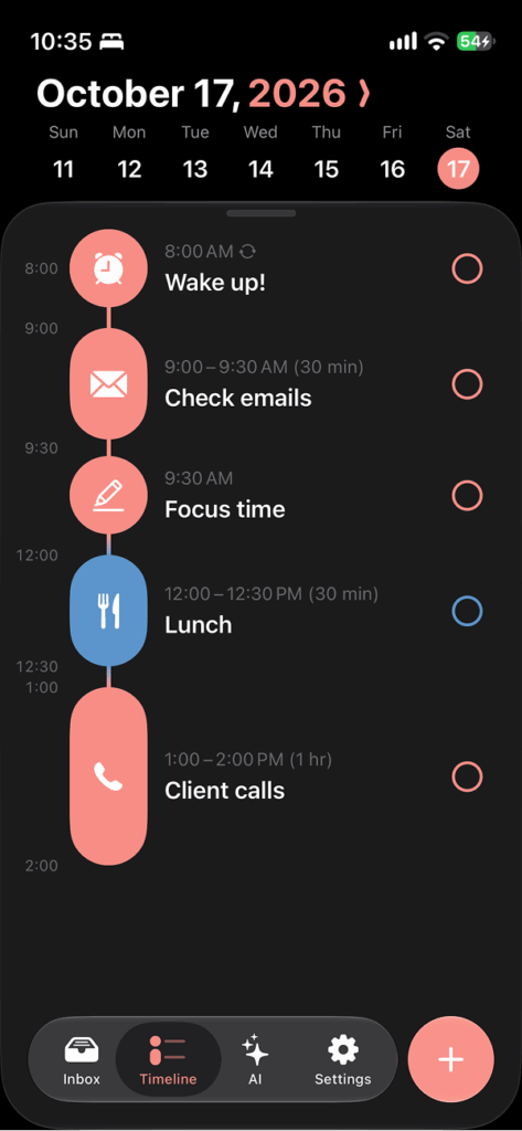 Structured iOS timeline view showing a day of tasks with icons and times