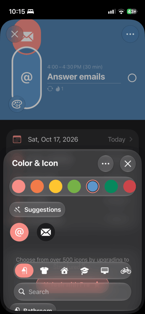 Structured iOS color and icon picker for customizing a task