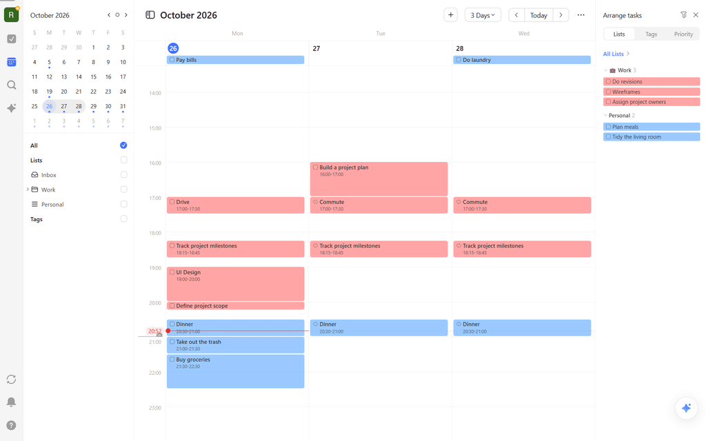 TickTick calendar with tasks scheduled on a three-day view and an Arrange tasks sidebar