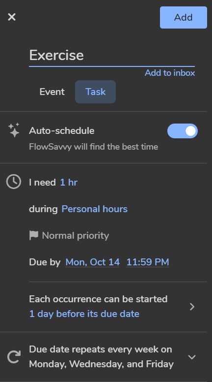 FlowSavvy interface, showing a task called "Exercise" repeating three times per week