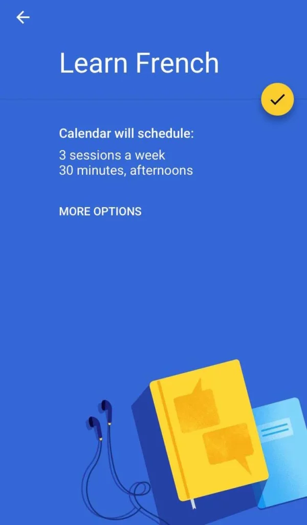Google Calendar Goals interface, showing a goal to learn French 3 times per week