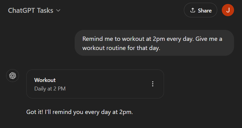 Telling ChatGPT Tasks to remind me to workout at 2pm every day
