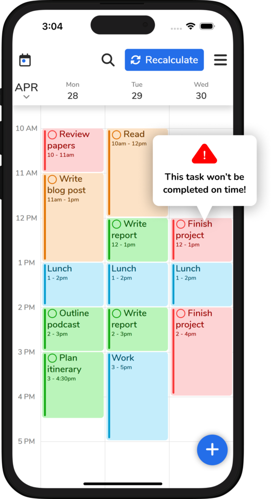 Color-coded calendar with a warning saying "This task won't be completed on time!"