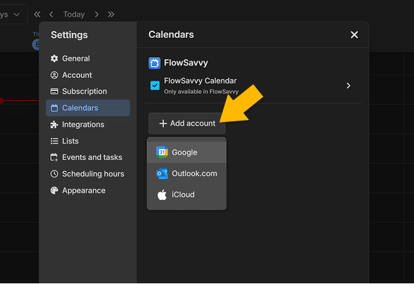 FlowSavvy Calendars settings with the Add account menu open and Google highlighted