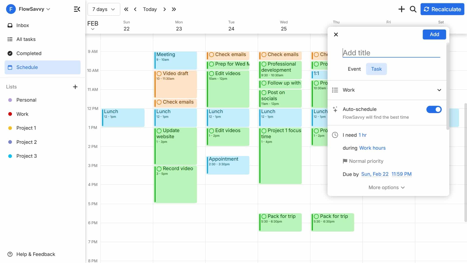 FlowSavvy AI calendar showing the calendar view with the "add task" view open and auto-schedule turned on