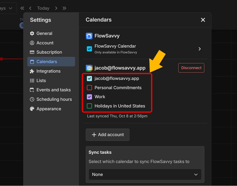 FlowSavvy Calendars settings with a Google account's calendars selected for syncing