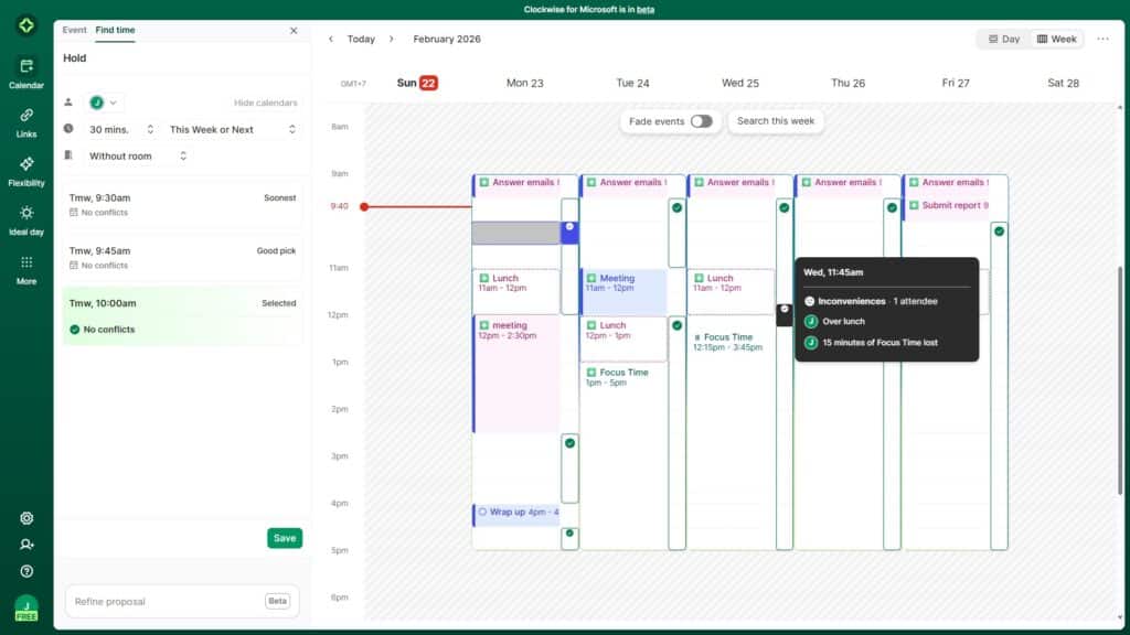 Clockwise's "Find time" feature, showing suggested times for a meeting