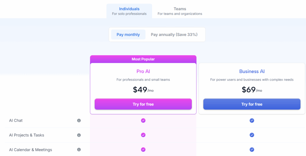 Motion's pricing page, showing $49/mo for the individual monthly plan