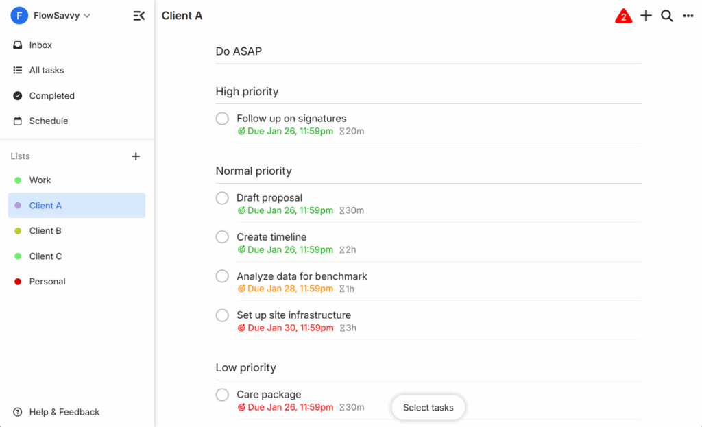 FlowSavvy's list view, showing task lists in the left sidebar and the contents of one of the lists in the main content.