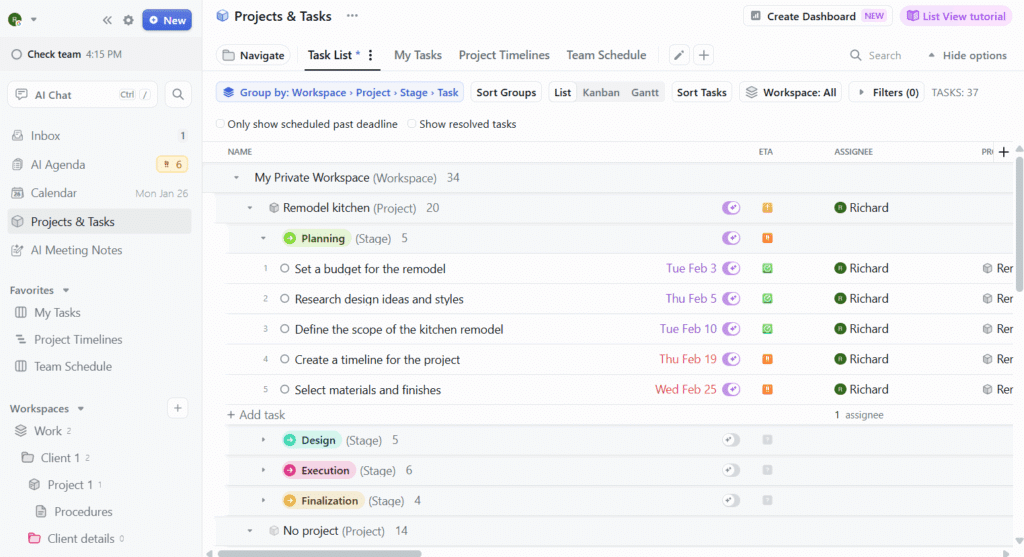 Motion's project view, showing different filters and views available, and a hierarchy of projects, stages, and tasks.