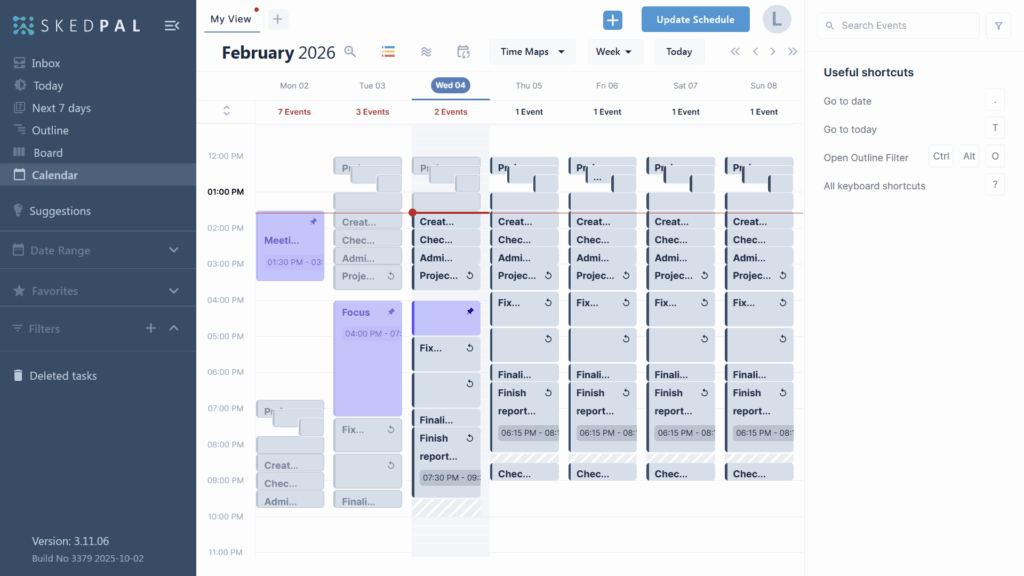 SkedPal week calendar with auto-scheduled tasks filling open time slots across the week