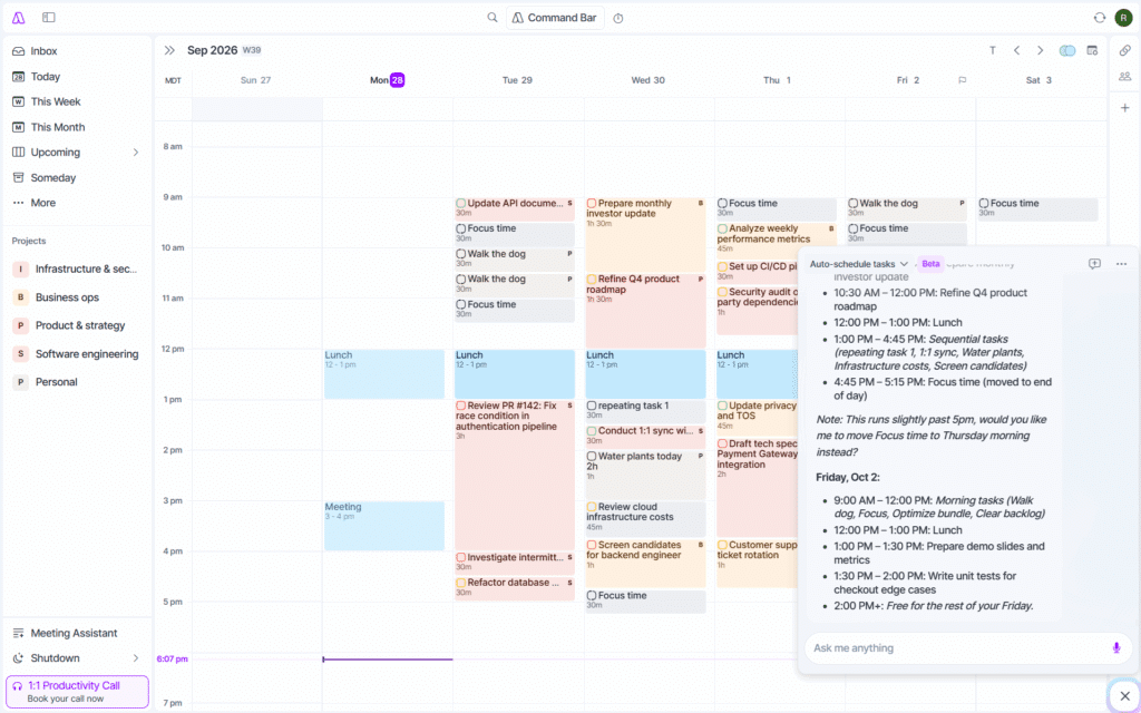 Akiflow week calendar with time-blocked tasks and its AI chat panel suggesting a schedule