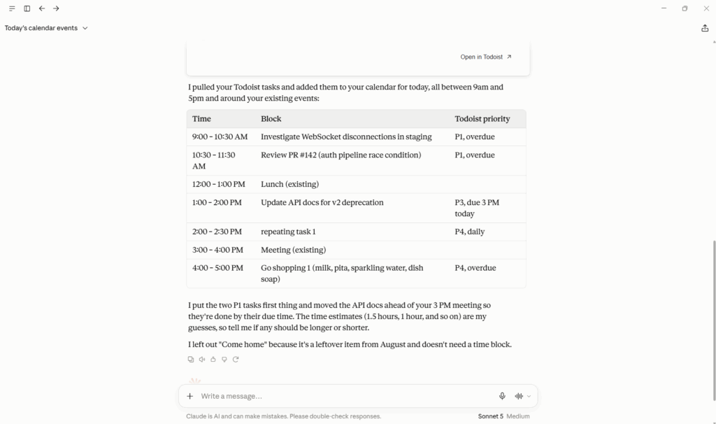 Claude chat listing Todoist tasks time blocked into a schedule with priority and due date notes