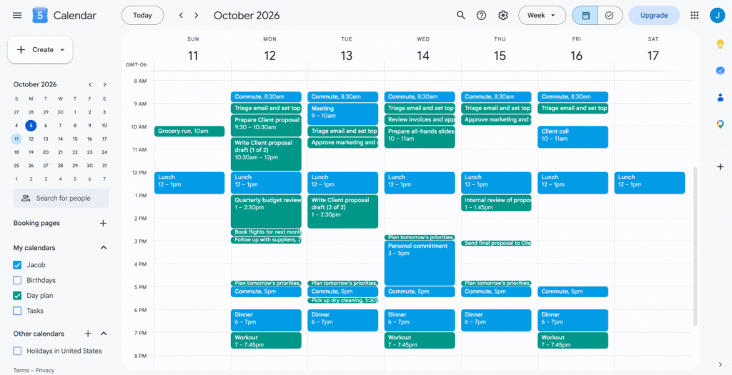 Google Calendar week view filled with a full week of tasks (in green) that Claude scheduled around existing events