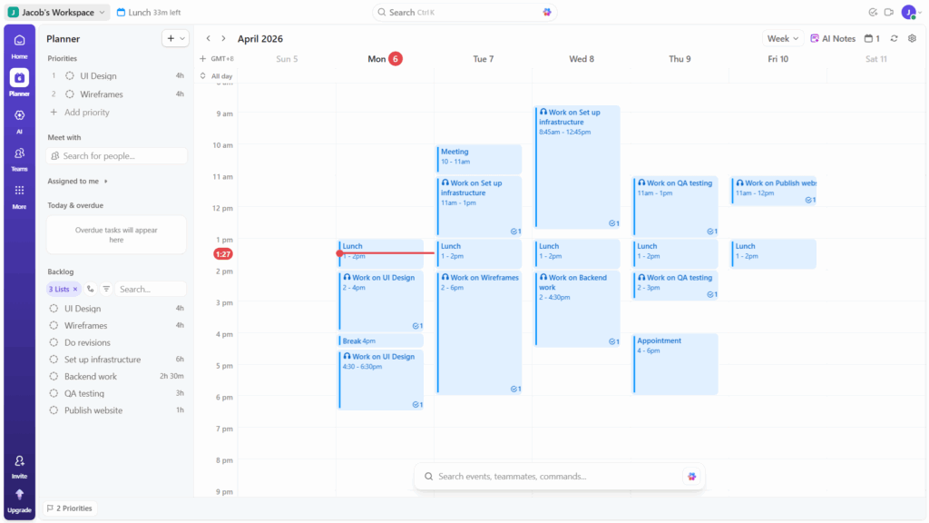 ClickUp's Planner view, showing tasks on the left side bar, and time blocks for each task in the schedule view.