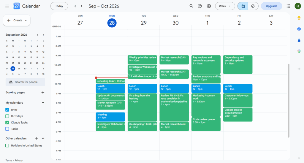 Google Calendar week view with a dedicated Claude Tasks calendar showing events created by Claude