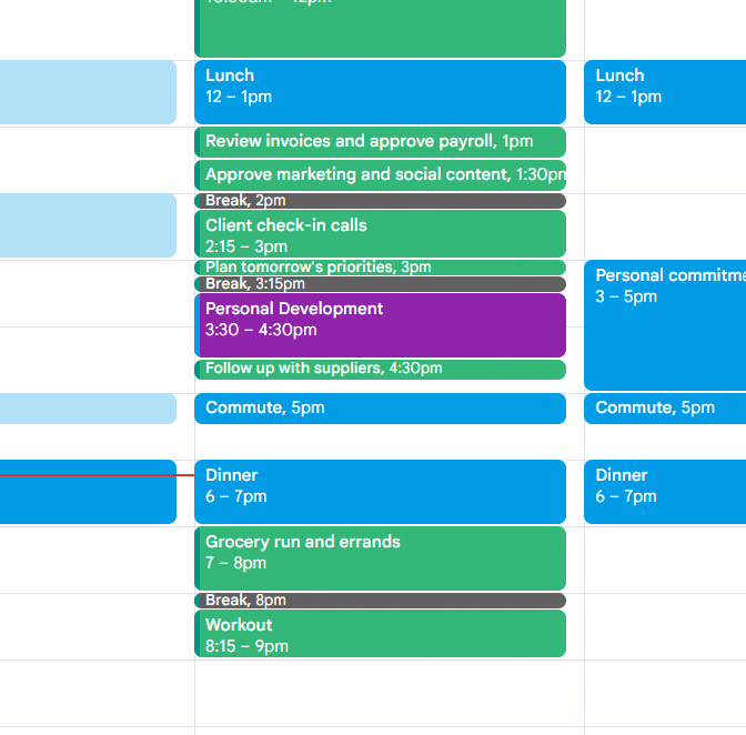 Google Calendar day plan with short gray "Break" events automatically scheduled between tasks