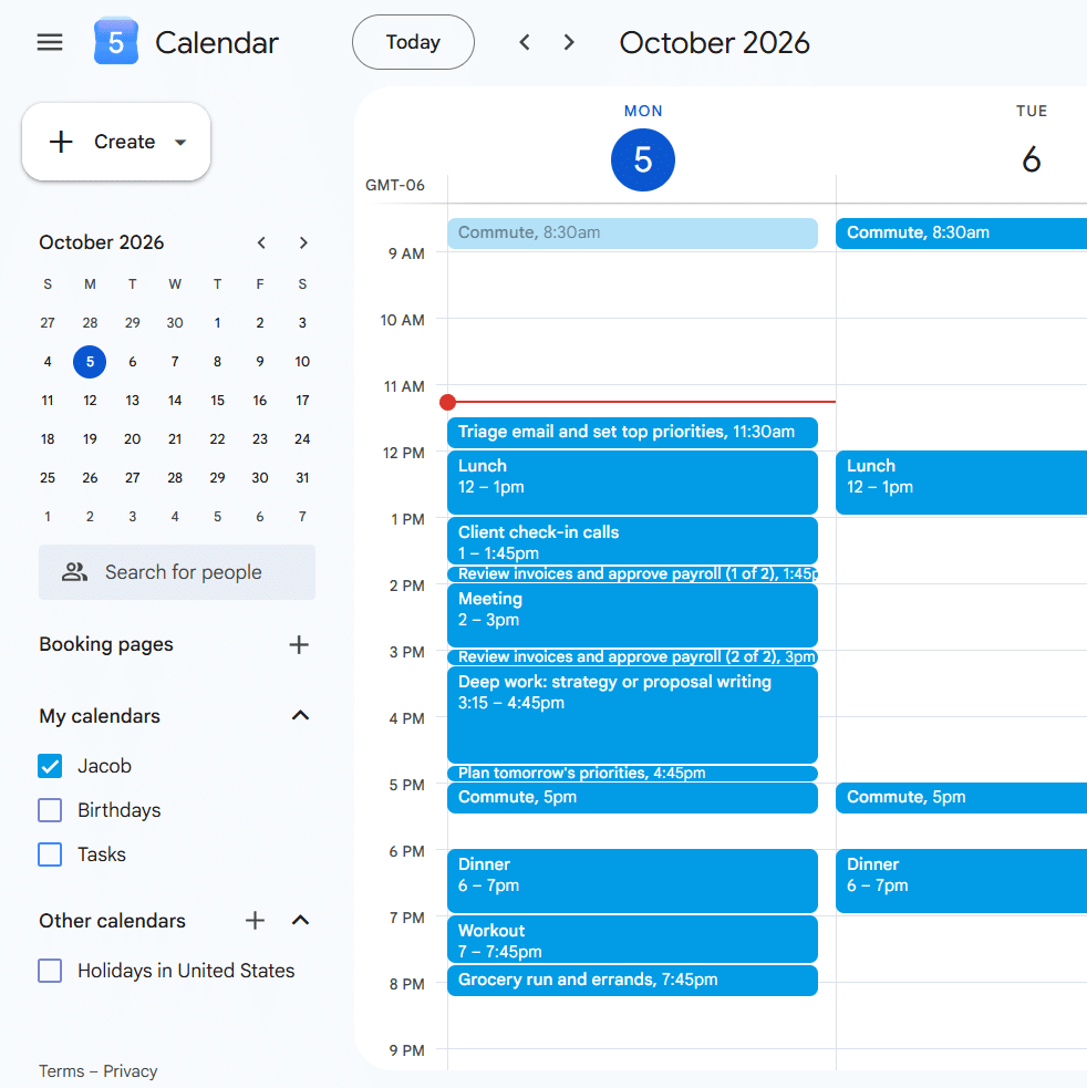 Google Calendar day view showing a daily plan Claude scheduled, with work tasks during the workday and a workout and errands in the evening, placed around existing commute, lunch, and dinner events