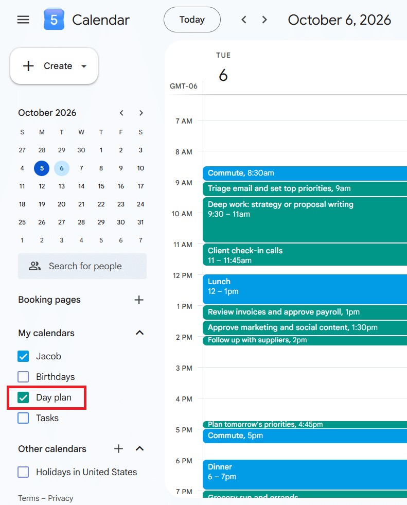 Google Calendar sidebar with a separate "Day plan" calendar highlighted in red, holding the tasks the AI assistant scheduled