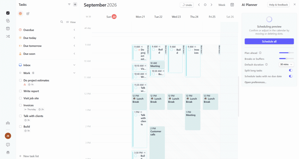 Morgen AI Planner sidebar showing a scheduling preview of tasks placed into the week's calendar