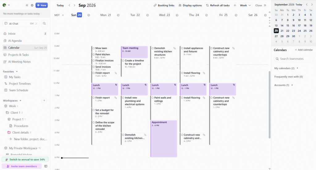 Motion week calendar with auto-scheduled tasks and meetings organized into daily columns
