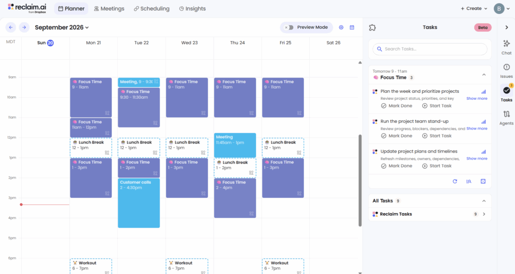 Reclaim task sidebar suggesting tasks to work on during an upcoming Focus Time block