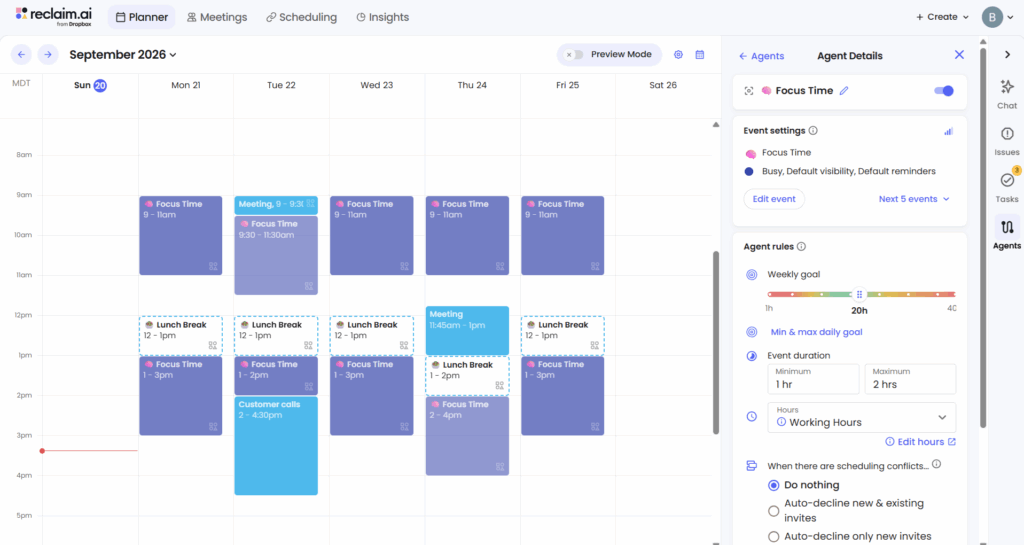 Reclaim calendar week view with Focus Time blocks auto-scheduled between meetings and lunch breaks