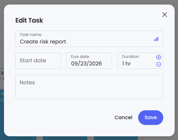 Reclaim 2.0 Edit Task modal with task name, start date, due date, and duration fields