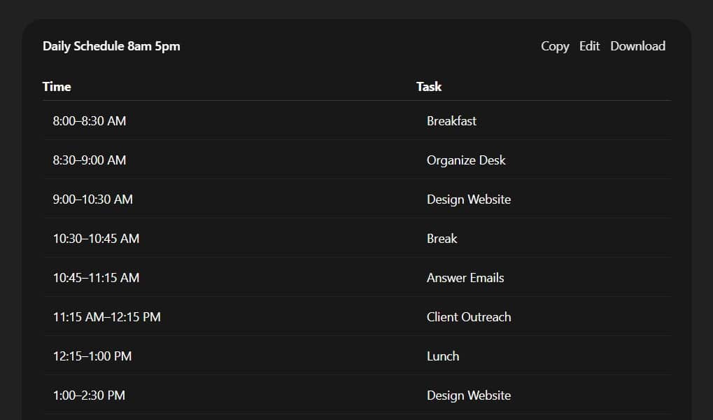 8:00–8:30 AM, Breakfast
8:30–9:00 AM, Organize Desk
9:00–10:30 AM, Design Website
10:30–10:45 AM, Break
10:45–11:15 AM, Answer Emails
11:15 AM–12:15 PM, Client Outreach
12:15–1:00 PM, Lunch
1:00–2:30 PM, Design Website