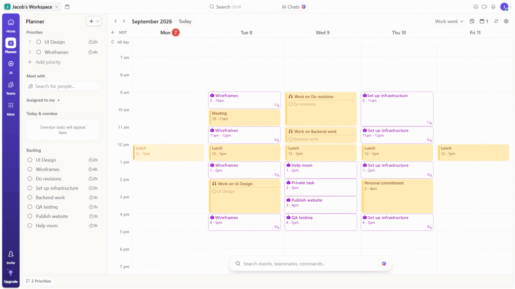 Clickup's planner, showing a task list on the left and the calendar on the right