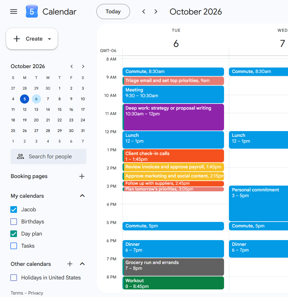 Google Calendar day plan with tasks color-coded by category in different colors